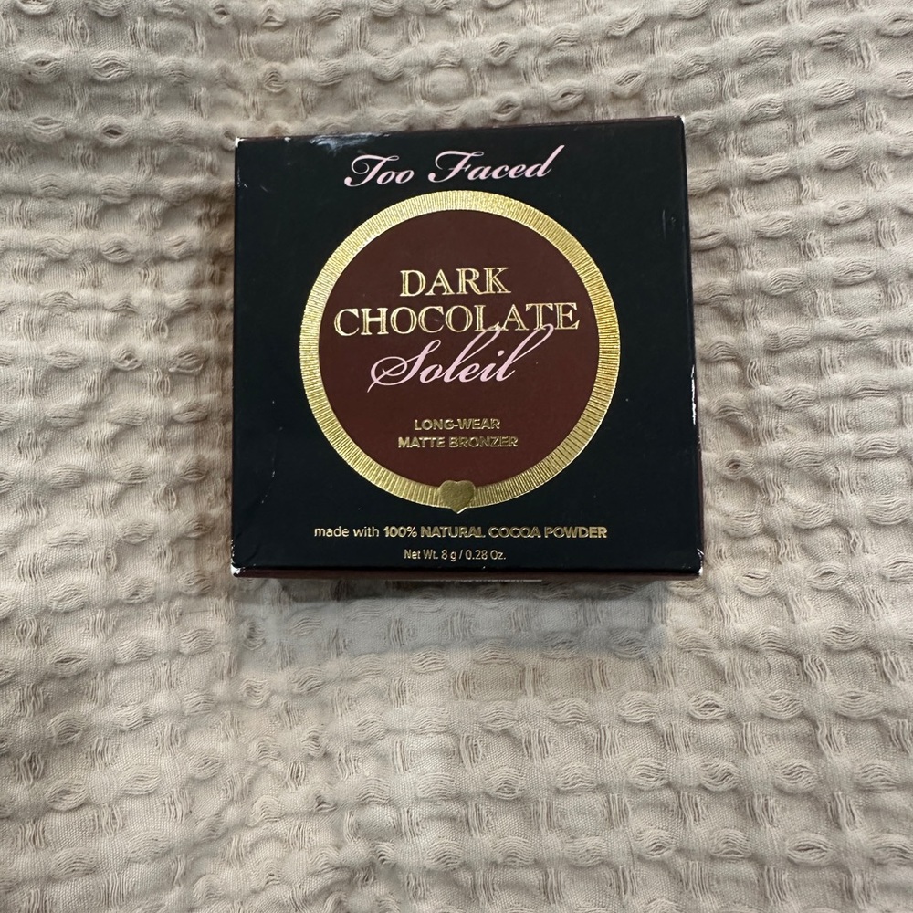Too faced bronzers in dark chocolate, chocolate, and milk chocolate shades